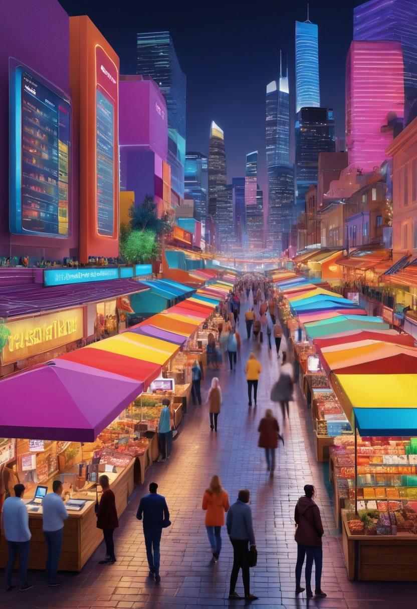 A lively and colorful illustration showcasing a modern payment processing scene, featuring diverse people happily using their mobile devices and contactless payments at a bustling marketplace. Include elements of joyful innovation like digital payment screens displaying cheerful graphics, and a backdrop of vibrant city life. Emphasize a sense of satisfaction and convenience in transactions. vibrant colors. 3D.