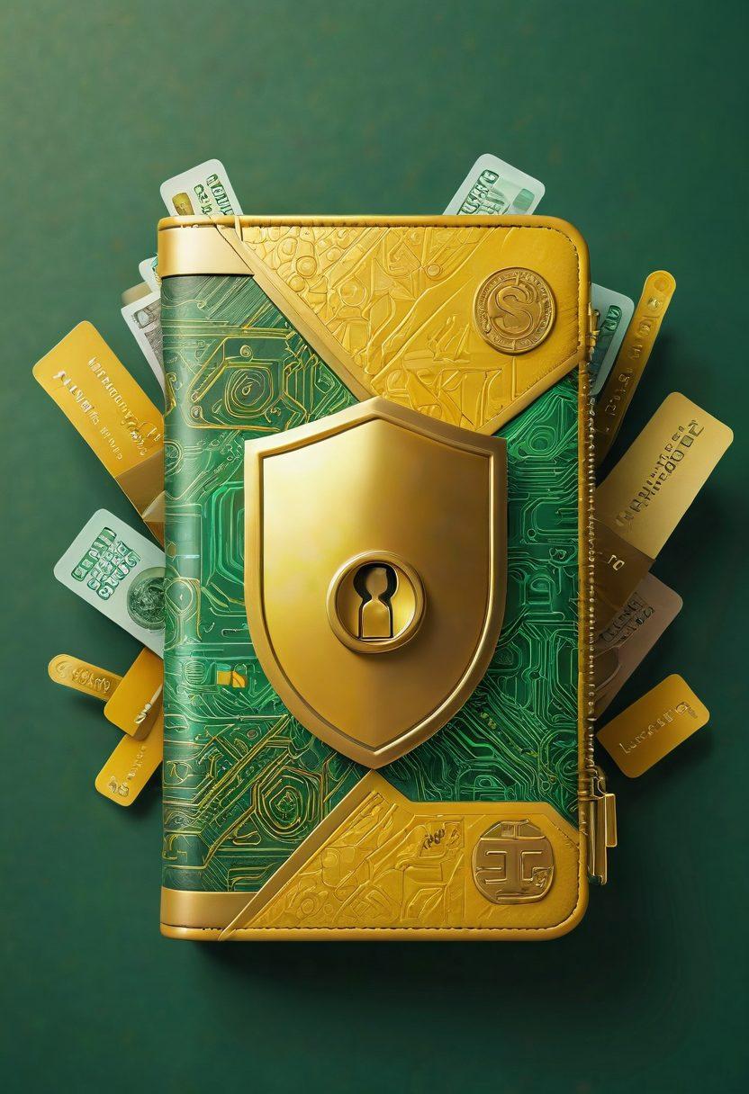 A futuristic digital wallet overflowing with vibrant currencies, symbolizing joy and security in transactions. Incorporate warm colors like golden yellows and soft greens to evoke feelings of happiness and trust. Include abstract representations of locks and shields that signify safety, along with tech-inspired patterns in the background. super-realistic. vibrant colors. 3D.