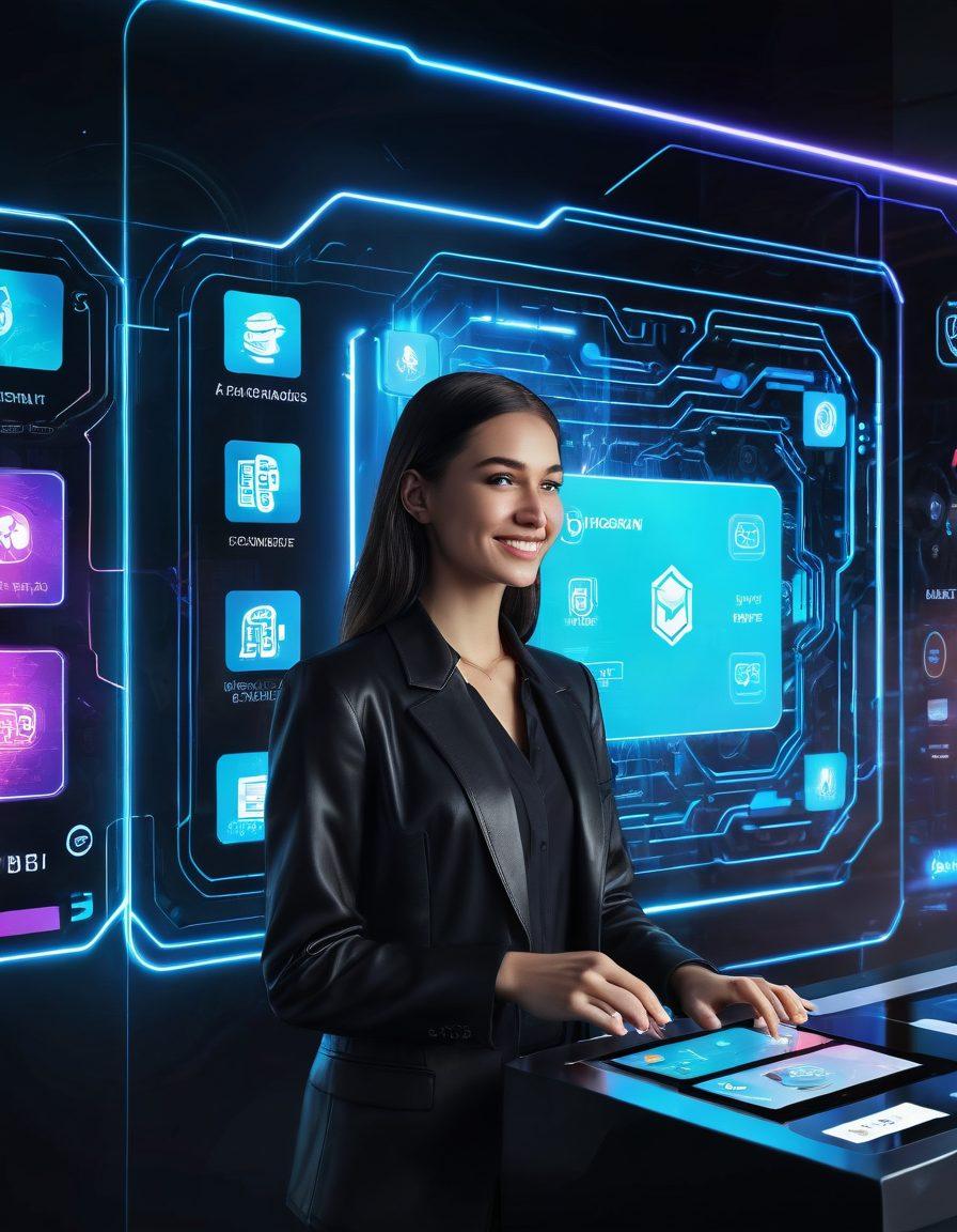 A futuristic representation of automated payment solutions with a seamless digital transaction taking place between a satisfied customer and a digital interface, surrounded by floating icons of various payment methods. The background features stylized circuit designs and abstract visuals representing contentment and ease in transactions. Bright and vibrant colors bring the scene to life, emphasizing modernity and efficiency. cyberpunk. super-realistic. vibrant colors.